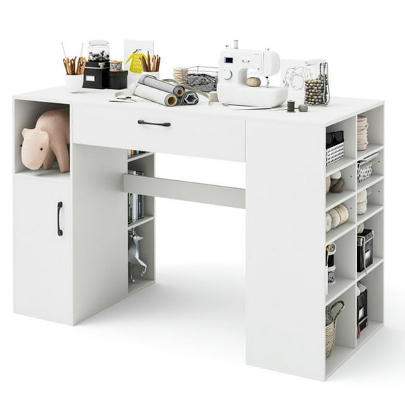 Spaco Counter Height Sewing Craft Table Computer Desk with Adjustable Shelves and Drawer-White, Office Desk, Gaming Computer Desks for Study,Working,Writing