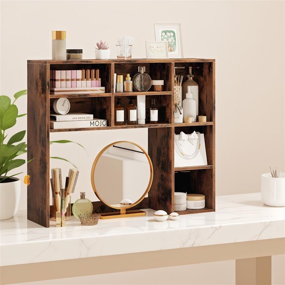 Spaco Desktop Book Shelf 7 Open Cubbies 3 Flexible Shelves Fits 27 Inch Monitor Anti-Tilt Desk Organizer for Home Office Study Vanity, Brown