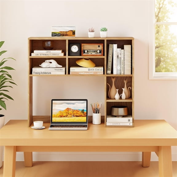 Spaco Desktop Book Shelf 7 Open Cubbies 3 Flexible Shelves Fits 27 Inch Monitor Anti-Tilt Desk Organizer for Home Office Study Vanity, Natural