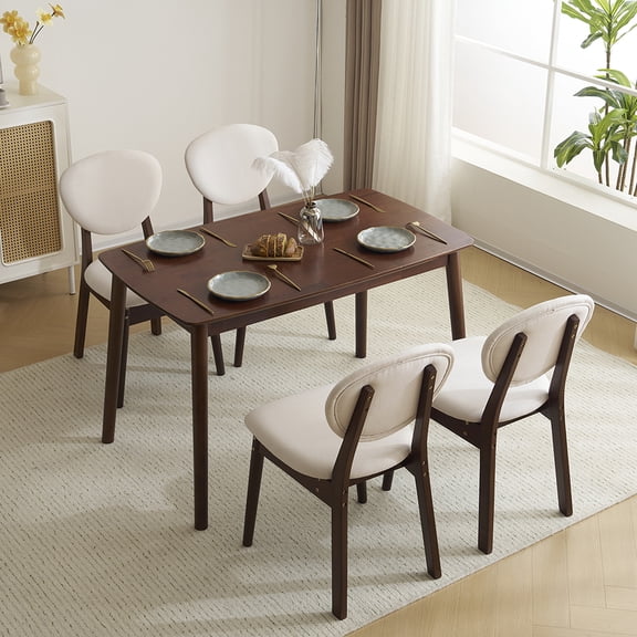 Spaco Dining Table and Chair Set for Indoor, Rubber Wood 1 Rectangle Table and 4 Chairs, Chairs with Beige Seat Cushion, Deep Walnut