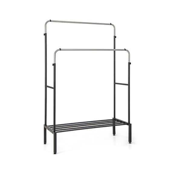 Spaco Double Rod Clothes Garment Rack with Adjustable Heights-Silver, Metal Hall Tree with Coat Rack & Shoe Bench, Shoe Storage Rack for Entryway Storage