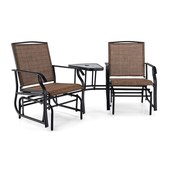Spaco Double Swing Glider Rocker Chair set, Deluxe Outdoor Patio with Glass Table-Brown