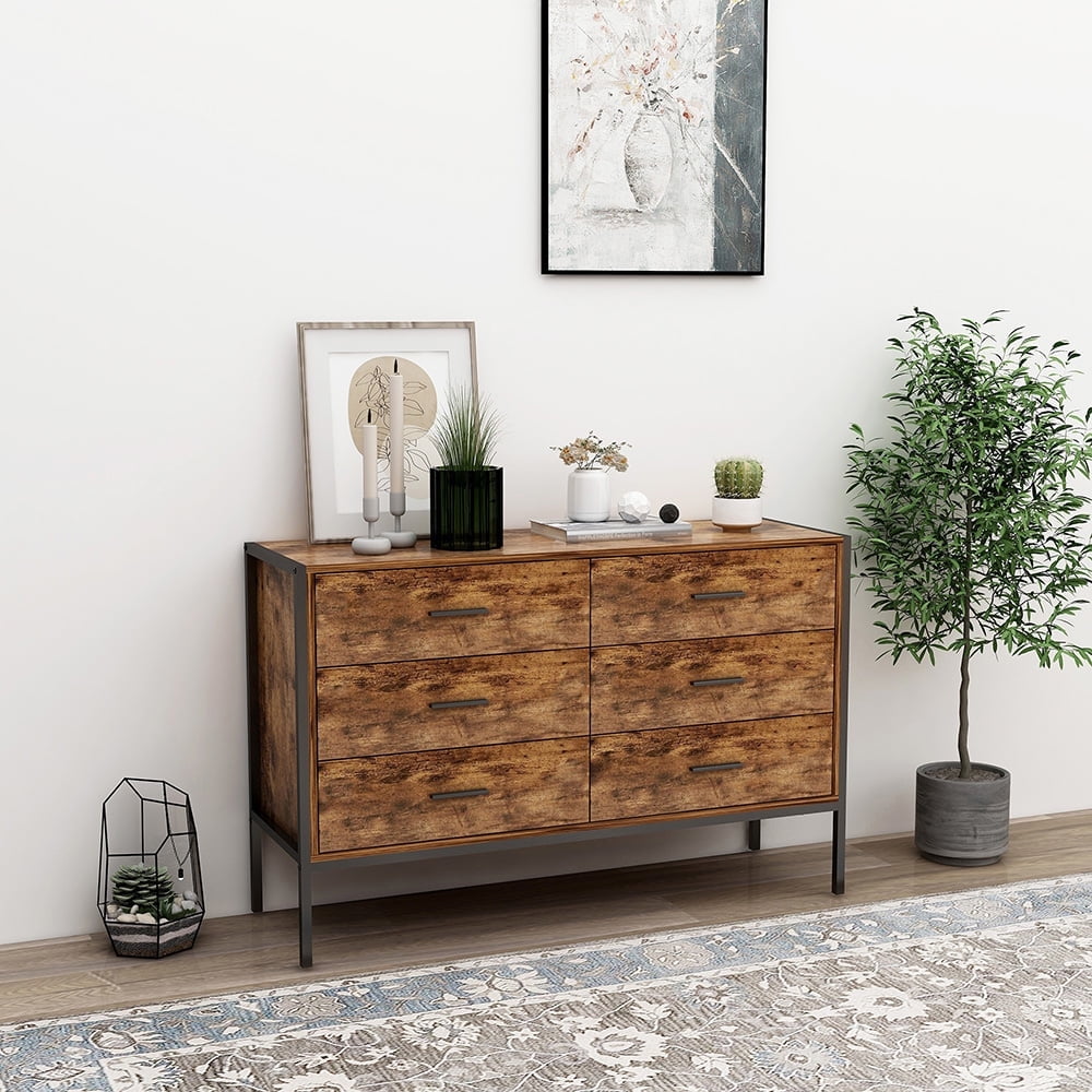 Spaco Drawer Dresser with Black Metal Frame, Rustic Brown Color, Versatile Storage Solution Spaco Drawer Dresser with Black Metal Frame, Rustic Brown Color, Versatile Storage Solution