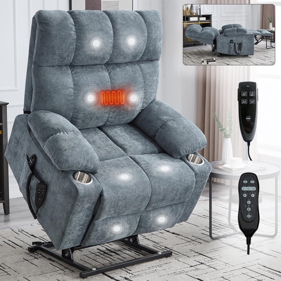 Spaco Dual Motor Infinite Position Up to 350lbs Chenille Power Lift Recliner Chair, Heavy Duty Motion Mechanism with 8-Point Vibration Massage and Lumbar Heating, Gray