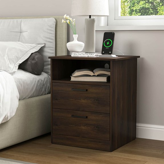 Spaco End Table with Charging Station, Nightstand with USB Ports & Outlets, Modern Bedside Table with 2 Storage Drawer and Top Shelf for Bedroom, Brown