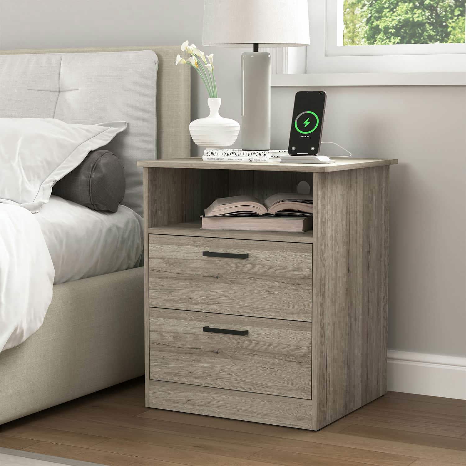 Spaco End Table with Charging Station, Nightstand with USB Ports & Outlets, Modern Bedside Table with 2 Storage Drawer and Top Shelf for Bedroom, Gray Spaco End Table with Charging Station, Nightstand with USB Ports & Outlets, Modern Bedside Table with 2 Storage Drawer and Top Shelf for Bedroom, Gray
