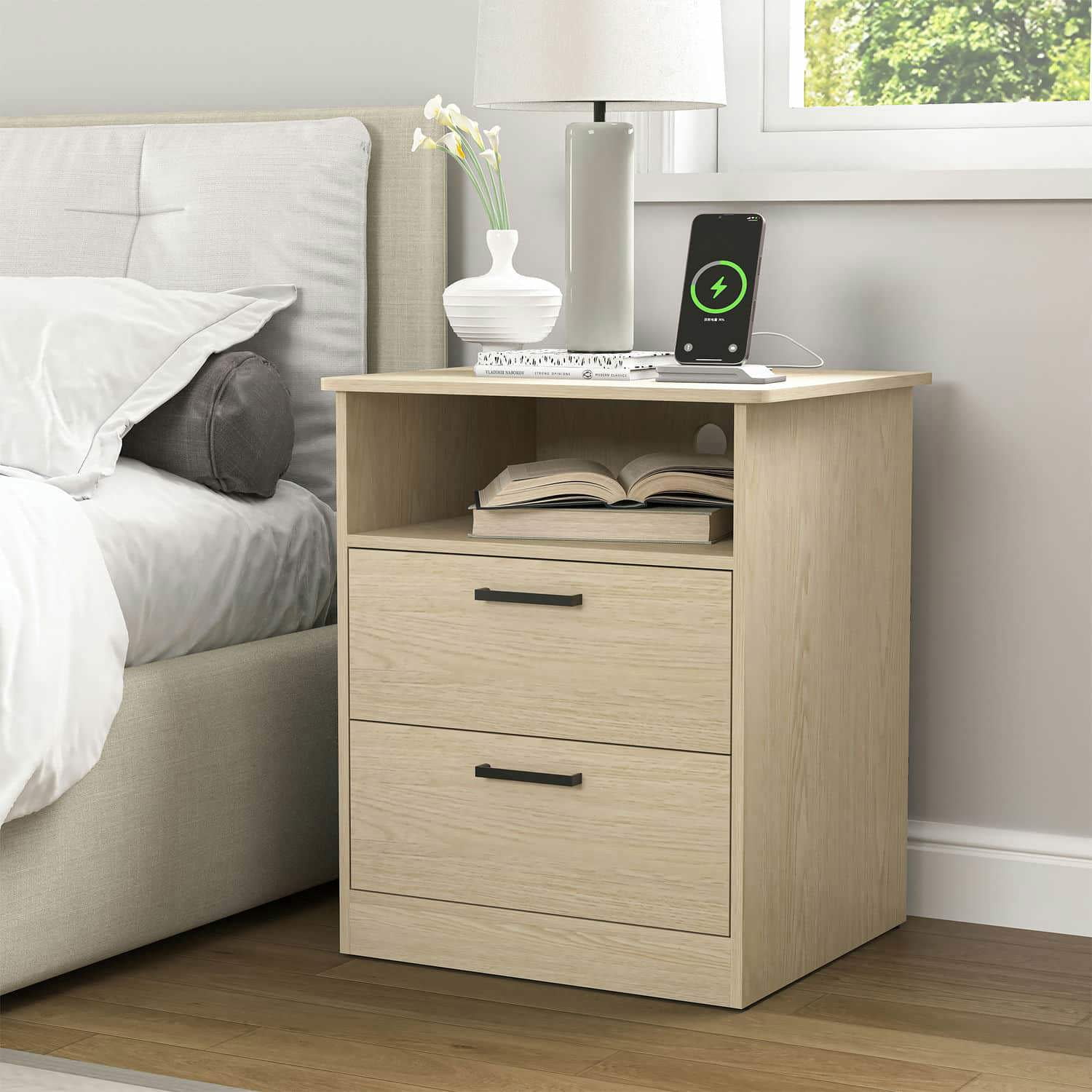 Spaco End Table with Charging Station, Nightstand with USB Ports & Outlets, Modern Bedside Table with 2 Storage Drawer and Top Shelf for Bedroom, Light Brown Spaco End Table with Charging Station, Nightstand with USB Ports & Outlets, Modern Bedside Table with 2 Storage Drawer and Top Shelf for Bedroom, Light Brown