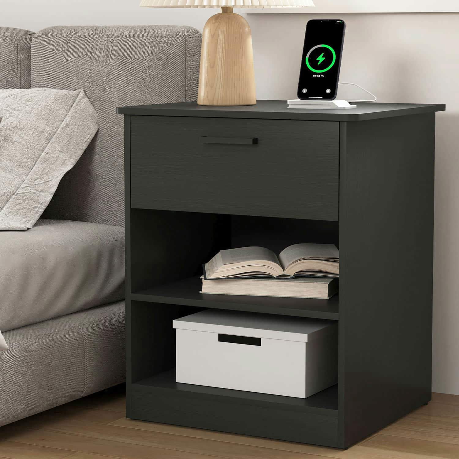 Spaco End Table with Charging Station, Nightstand with USB Ports & Outlets, Modern Bedside Table with Two Bottom Shelves and Top Drawer for Indoor as Bedroom, Black Spaco End Table with Charging Station, Nightstand with USB Ports & Outlets, Modern Bedside Table with Two Bottom Shelves and Top Drawer for Indoor as Bedroom, Black