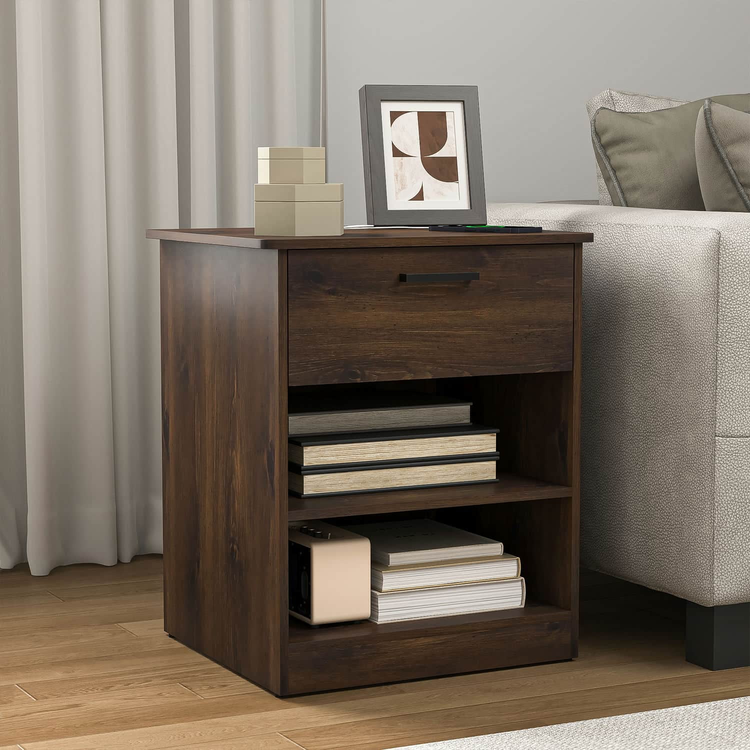 Spaco End Table with Charging Station, Nightstand with USB Ports & Outlets, Modern Bedside Table with Two Bottom Shelves and Top Drawer for Indoor as Bedroom, Brown Spaco End Table with Charging Station, Nightstand with USB Ports & Outlets, Modern Bedside Table with Two Bottom Shelves and Top Drawer for Indoor as Bedroom, Brown