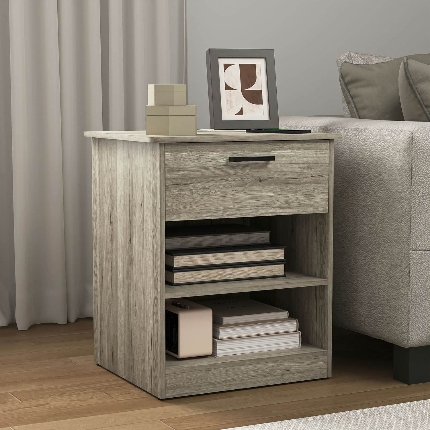 Spaco End Table with Charging Station, Nightstand with USB Ports & Outlets, Modern Bedside Table with Two Bottom Shelves and Top Drawer for Indoor as Bedroom, Gray Spaco End Table with Charging Station, Nightstand with USB Ports & Outlets, Modern Bedside Table with Two Bottom Shelves and Top Drawer for Indoor as Bedroom, Gray