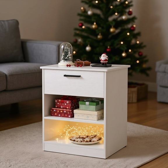 Spaco End Table with Charging Station, Nightstand with USB Ports & Outlets, Modern Bedside Table with Two Bottom Shelves and Top Drawer for Indoor as Bedroom, White