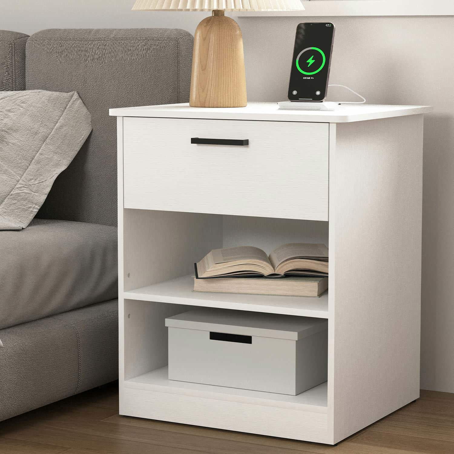 Spaco End Table with Charging Station, Nightstand with USB Ports & Outlets, Modern Bedside Table with Two Bottom Shelves and Top Drawer for Indoor as Bedroom, White Spaco End Table with Charging Station, Nightstand with USB Ports & Outlets, Modern Bedside Table with Two Bottom Shelves and Top Drawer for Indoor as Bedroom, White