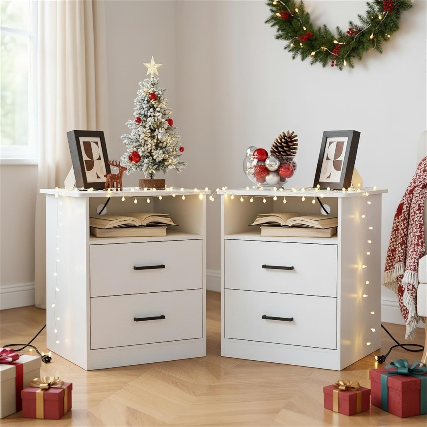 Spaco End Table Set of 2 with Charging Station, Nightstand with USB Ports & Outlets, Modern Bedside Table with 2 Storage Drawer and Top Shelf for Bedroom, White
