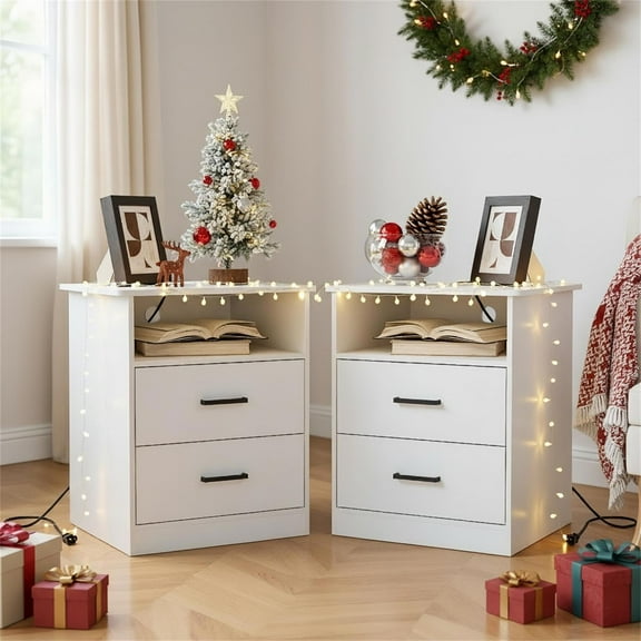 Spaco End Table Set of 2 with Charging Station, Nightstand with USB Ports & Outlets, Modern Bedside Table with 2 Storage Drawer and Top Shelf for Bedroom, White