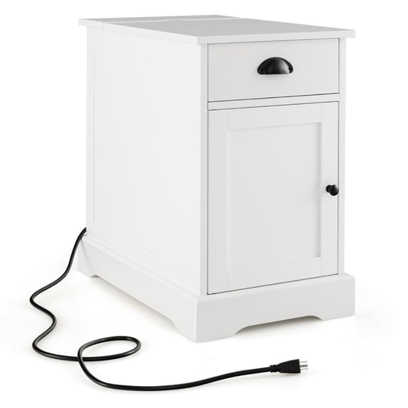 Spaco End Table with Charging Station and Flip Top-White, Nightstand Small Side Table, End Table for Bedroom Living Room