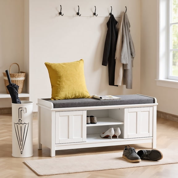 Spaco Entryway Shoe Bench Storage Ottoman with Sliding Doors and Padded Seat, Shoe Bench with Adjustable Shelving and 6 Compartments for Indoor as Living Room, Entryway, Holds 10 Pairs, White