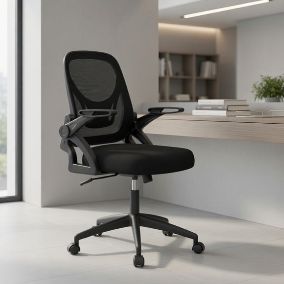 Spaco Ergonomic Computer Desk Chair - Lumbar Support Contoured Back, Flip-up Arms, Breathable Mesh, Black