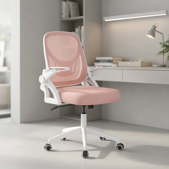 Spaco Ergonomic Computer Desk Chair - Lumbar Support Contoured Back, Flip-up Arms, Breathable Mesh, Pink