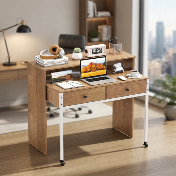 Spaco Extendable Computer Desk with Pull Out Secondary Desk-Natural, Office Desk, Gaming Computer Desks for Study,Working,Writing