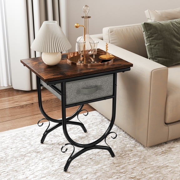 Spaco Fabric-Drawer Side Table, Ornate Metal Frame, Height-Adjustable Foot Pads, Gray