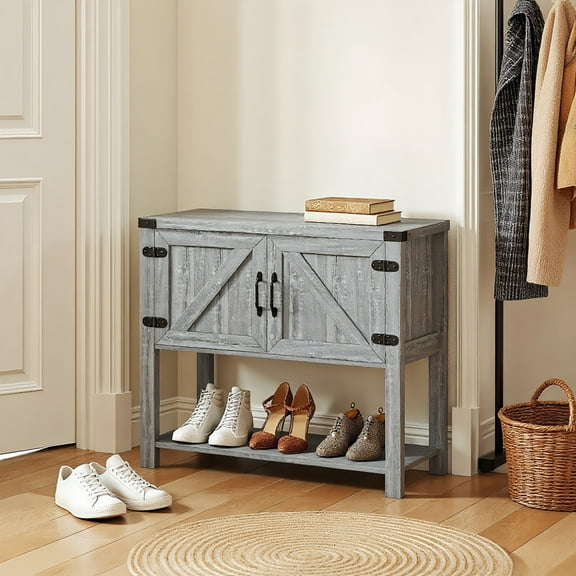 Spaco Farmhouse Double Door Coffee Bar Cabinet, Kitchen Cabinet with Bottom Shelf for Indoor as Living Room, Entryway, Stone Gray