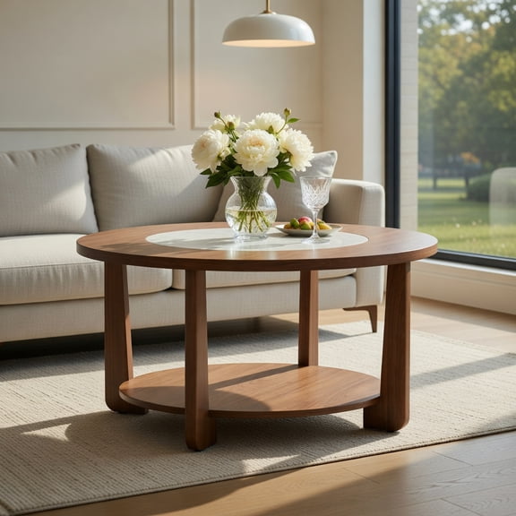 Spaco Farmhouse Round Coffee Table, 2-Tone Tabletop Finish, Open Storage Shelf, Rubber Wood Support Legs, Brown & White