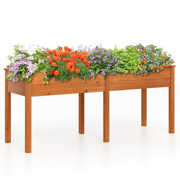 Spaco Fir Wood Outdoor Raised Garden Bed, Raised Garden Bed with Divider Panel and Drainage Holes, Yellow