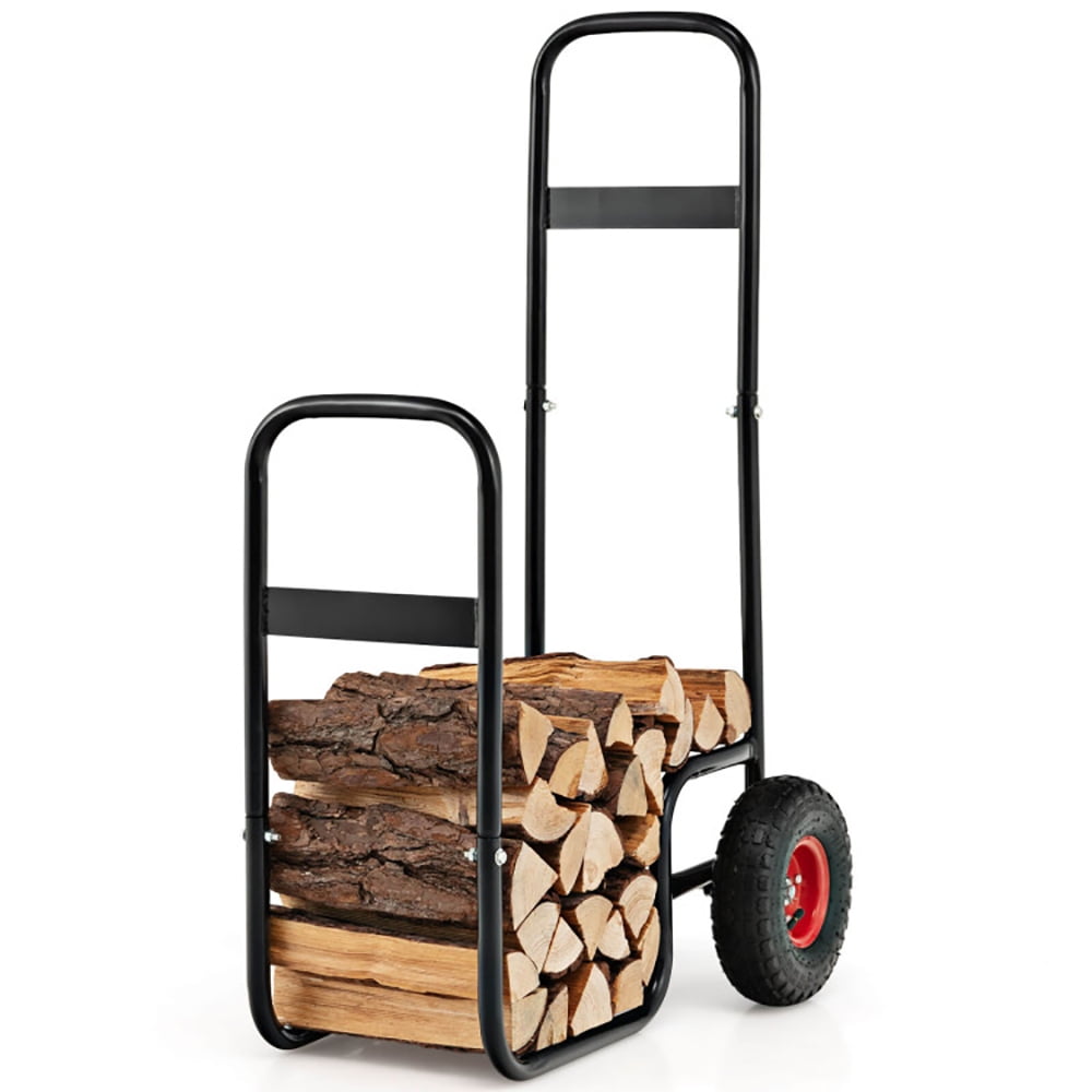 Heavy-Duty Black Steel Firewood Log Cart Carrier with Red Wheels