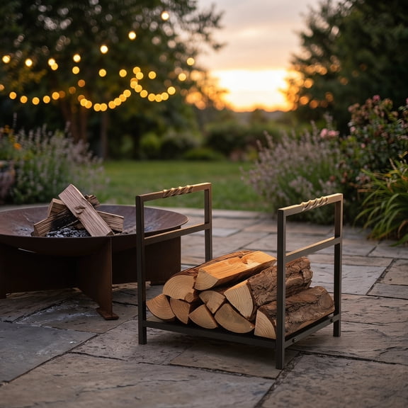 Spaco Firewood Log Rack with Unique Handle and Raised Feet, Firewood Holder with Heavy-duty Steel Construction, Black