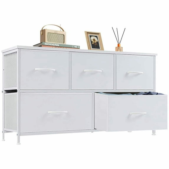Spaco Five-Drawer Cabinet, Tall Dresser Fabric Storage Tower, Wooden Top for Indoor as Entryway, Closet, White