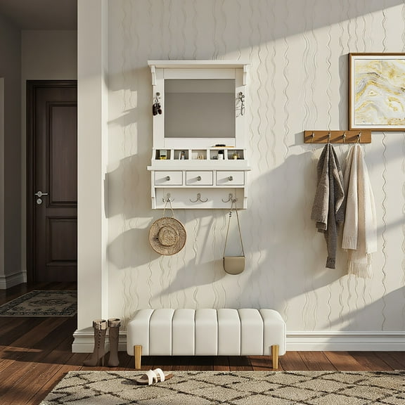 Spaco Floating Makeup Vanity with Pockets & Hooks, Wall-Mounted Storage Vanity with Big Mirror and Drawers, Space-Saving Decorative Home Organizer for Indoor as Bedroom, Living Room, White