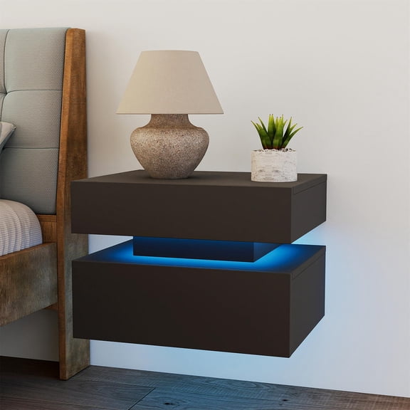 Spaco Floating Wall-Mounted Bedside Table - 2 Large Drawers, 16-Color LED Light Strip with 3 Modes & Remote(Black)