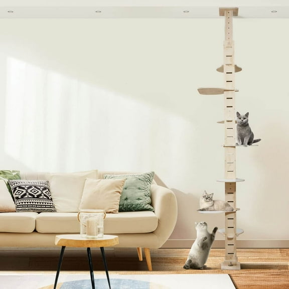 Spaco Floor-to-Ceiling Adjustable Cat Tree - Pine Multi-layer Board & Flannel Mats - Natural Wood Color