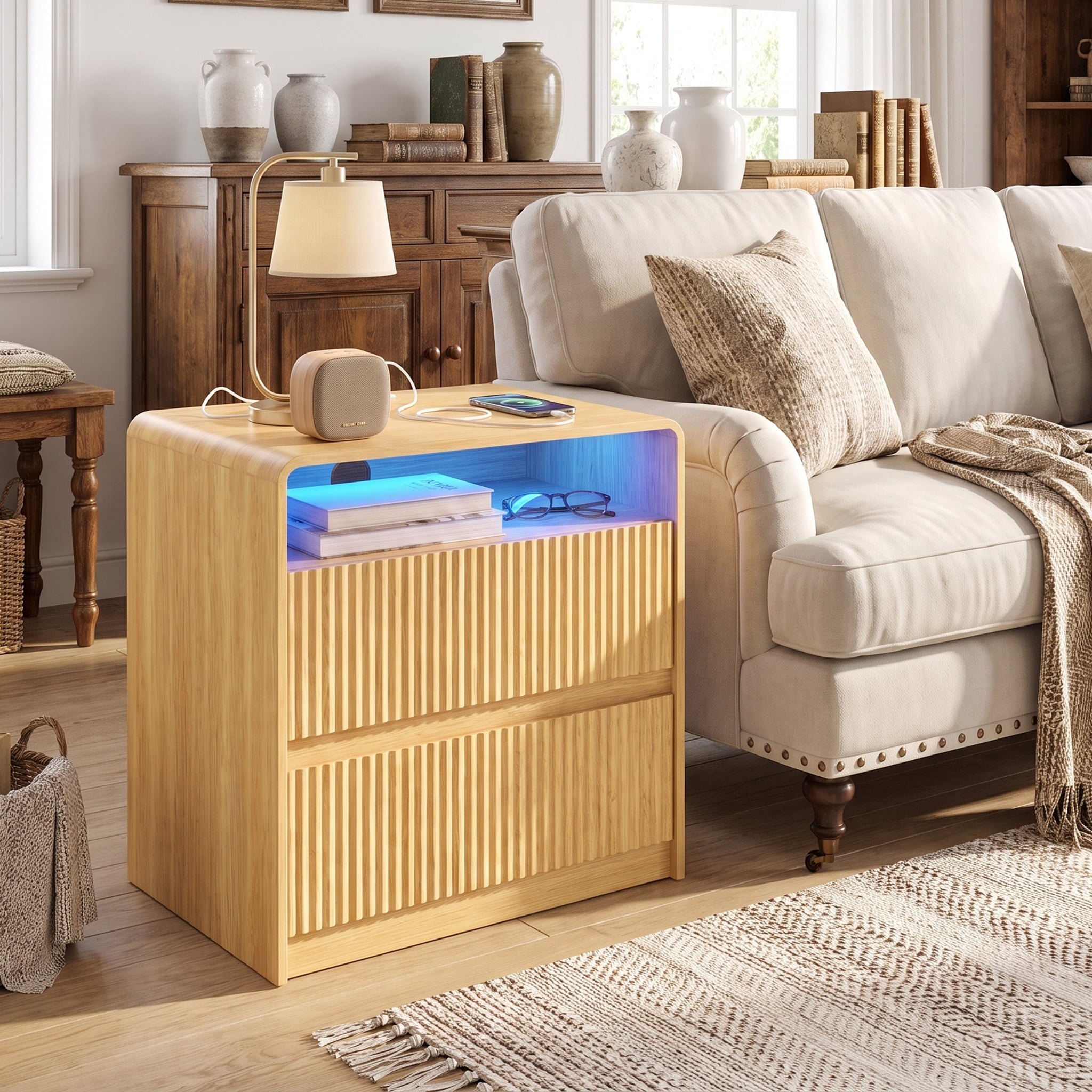 Spaco Fluted Nightstands with Charging Station & 2 Drawers, Modern Bedside Table Wood Design, Curved Profile Night Stand with Open Shelf for Bedroom, Beige
