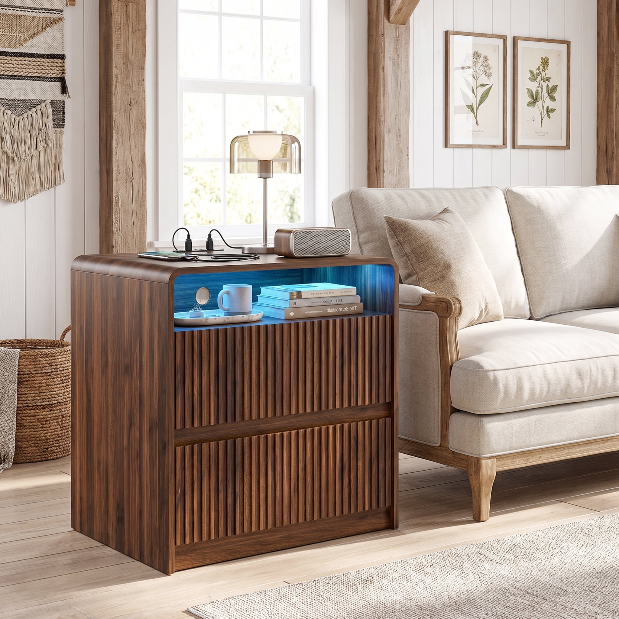 Spaco Fluted Nightstands with Charging Station & 2 Drawers, Modern Bedside Table Wood Design, Curved Profile Night Stand with Open Shelf for Bedroom, Brown
