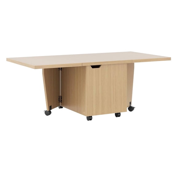 Spaco Foldable Coffee Table, Built-in Storage Cabinet, Extendable Tabletop, Lockable Rolling Wheels, Oak