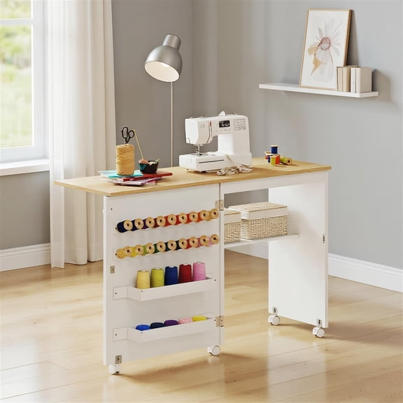 Spaco Foldable Craft Table with Storage Shelf 5 Lockable Wheels Barn Door Style Magnetic Closure Storage Trays Pegs Multi Function Sewing Desk, Natural and White