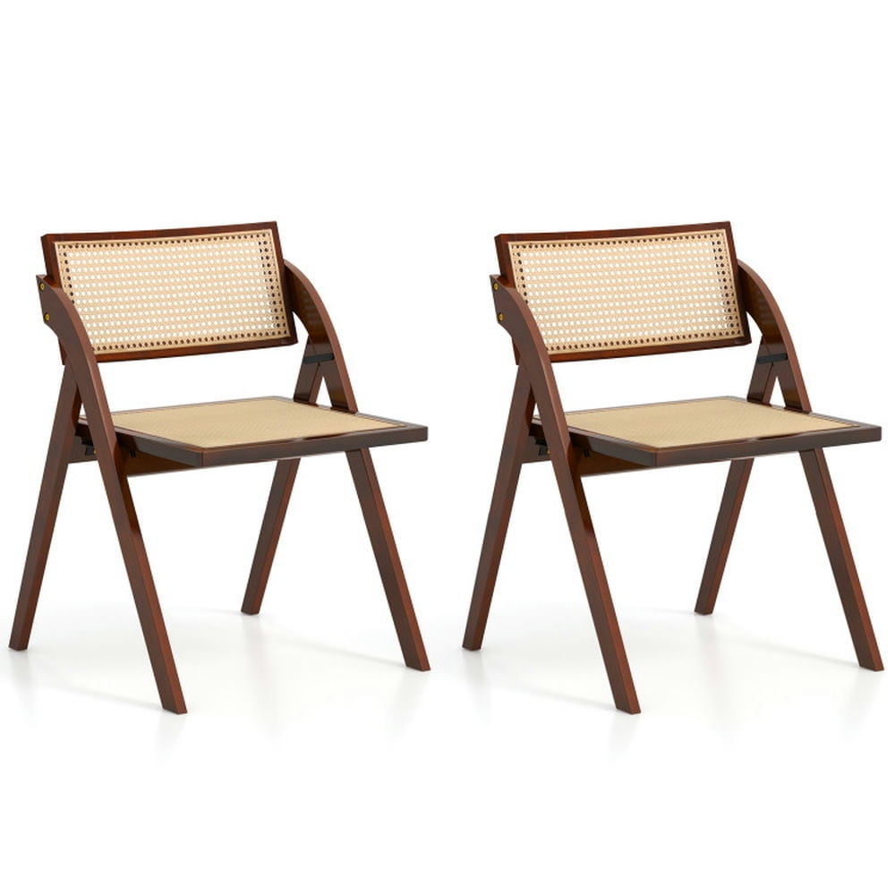 Brown Rubber Wood Foldable Dining Chairs with Woven Rattan Backrest