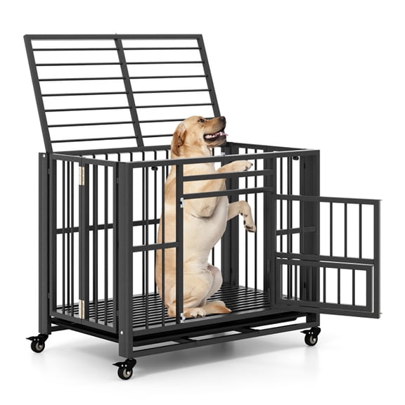 Spaco Foldable Heavy-Duty Metal Dog Cage Chew-proof Dog Crate with Lockable Universal Wheels