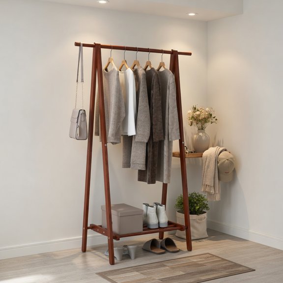 Spaco Foldable Rubber Wood Clothing Hanging Rack Solid Rubber Wood A-Shaped Framework Splinter-Free Surface Bottom Storage Shelf 7 Inch Gap Easy Fold, Walnut
