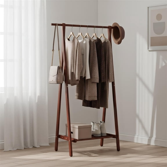 Spaco Foldable Rubber Wood Garment Rack Solid Rubber Wood A-Shape Frame Smooth Surface Bottom Storage Shelf 7 Inch Clearance Easy Folding, Walnut