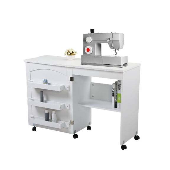 Spaco Foldable Sewing Table, White, 66.14lbs Load, 3 Lockable Wheels, 22.83"L Folded