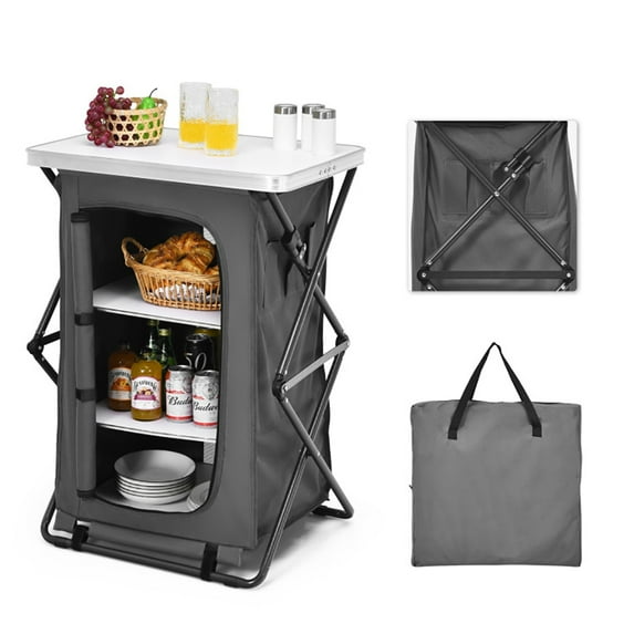 Spaco Folding Camping Storage Cabinet with 3 Shelves and Carry Bag-M, Outdoor Camping Pop Up Folding Table with Large 3-Tier Storage Organizer and Side Pockets, Easy Set