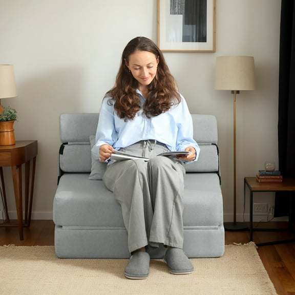 Spaco Folding Chair Bed, Sofa Bed with Pillow, Modern Linen Sleeper Sofa Bed for Indoor as Living Room, Bedroom, Light Gray