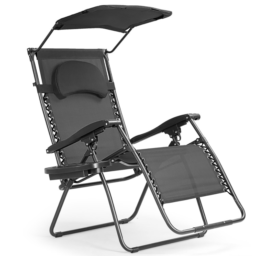 Spaco Folding Recliner Lounge Chair with Shade Canopy Cup Holder-Black, Folding Beach Chair for Adults, Lightweight Beach Chair, Low Beach Chairs for Beach Lawn