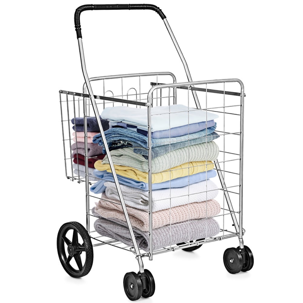 Spaco Folding Shopping Cart for Laundry with Swiveling Wheels and Dual Storage Baskets-Sliver, Heavy Duty Collapsible Utility Cart with Wheels for Storage, Laundry, Luggage Spaco Folding Shopping Cart for Laundry with Swiveling Wheels and Dual Storage Baskets-Sliver, Heavy Duty Collapsible Utility Cart with Wheels for Storage, Laundry, Luggage