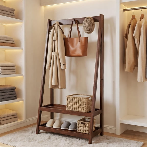 Spaco Freestanding Garment Rack Solid Rubber Wood A-Shape Frame 3 Hooks 2 Large Shelves Smooth Surface No Drilling Easy Assembly, Walnut