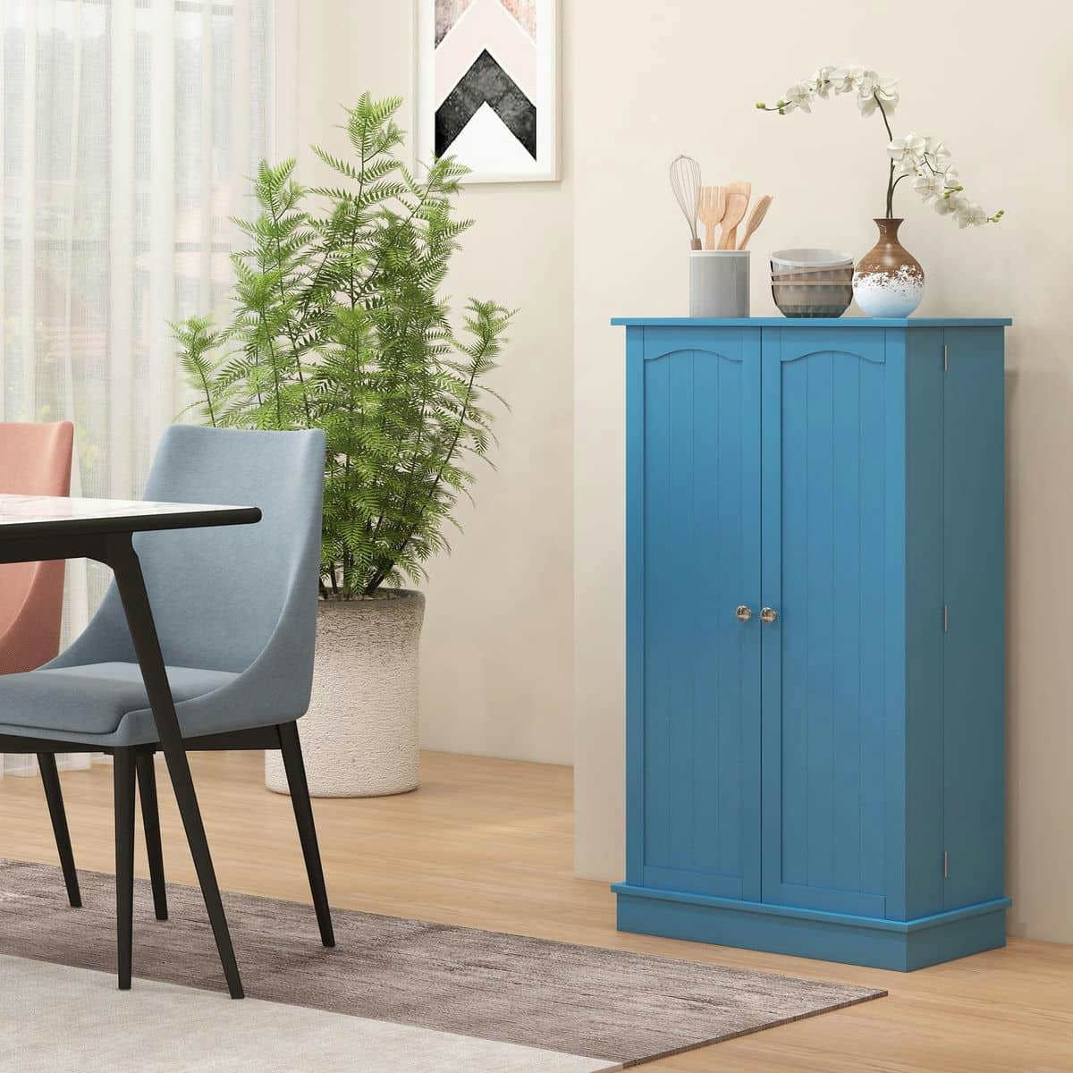 Spaco Freestanding Kitchen Pantry Cabinet with 5-Tier Shelving, Kitchen Cabinet with 12 Door Shelves and Double Doors for Indoor as Living Room, Kitchen, Blue
