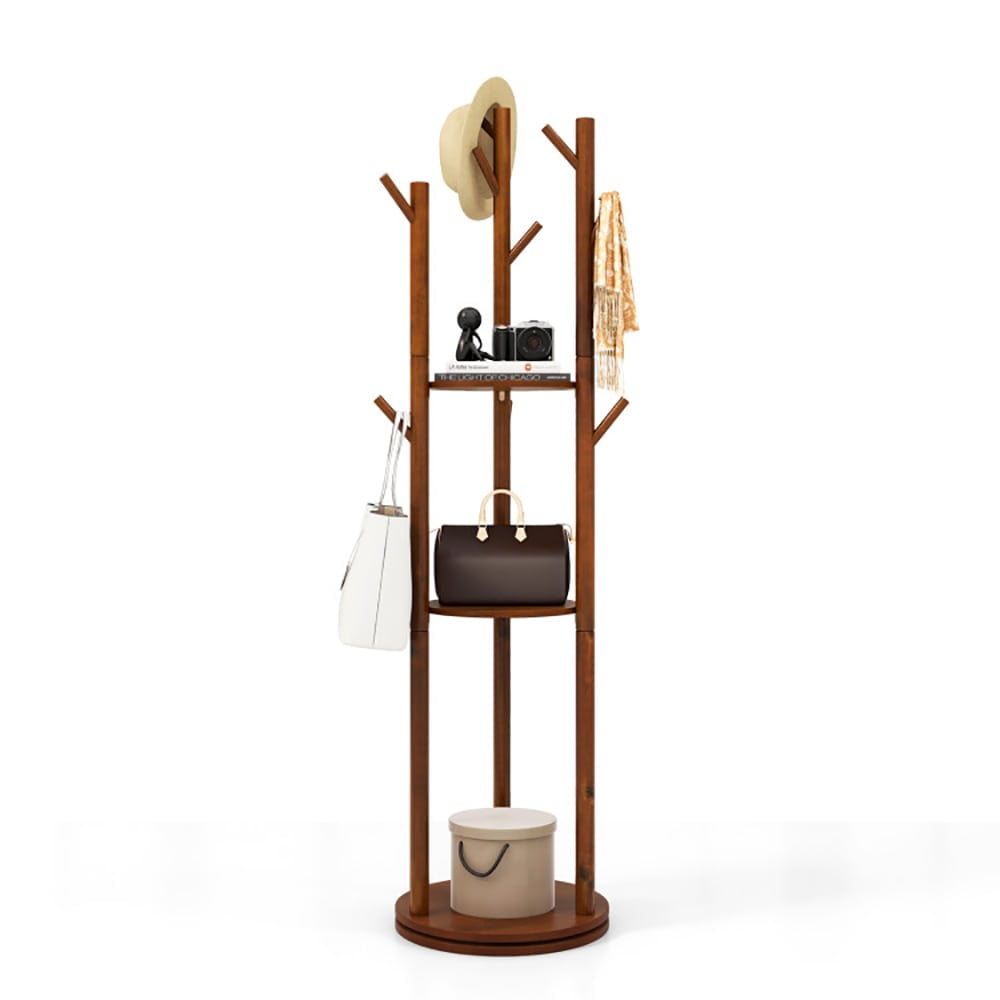 Spaco Freestanding Wooden Coat Tree with 3 Display Storage Shelves and ...