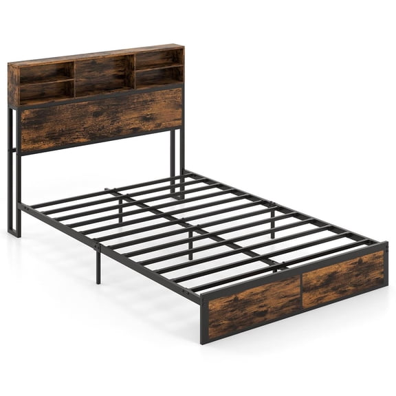 Spaco Full Size Industrial Metal Platform Bed Frame, Storage Headboard, 2 AC Outlets + USB + Type-C Port, Heavy-Duty Slats & Non-Slip Pads, Rustic Brown